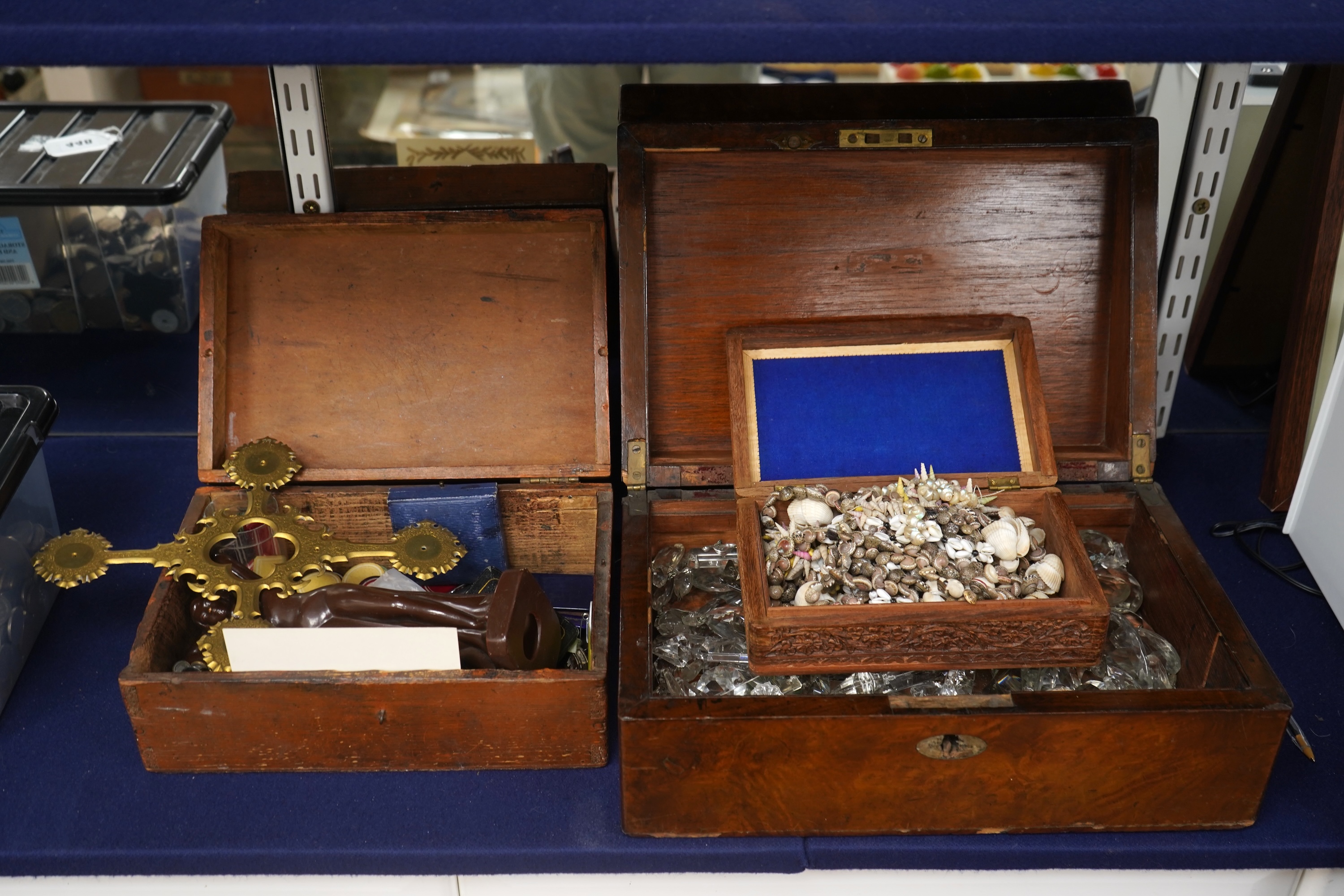 A box of cut glass drops, together with box of gaming counters, a gilt metal cross, an Art Deco ceramic nude figure, two frames, a parker pen, etc.
